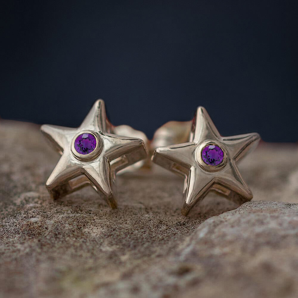 February Birthstone Gold Star Earrings with Amethyst-4650AM - Jewelry by Johan