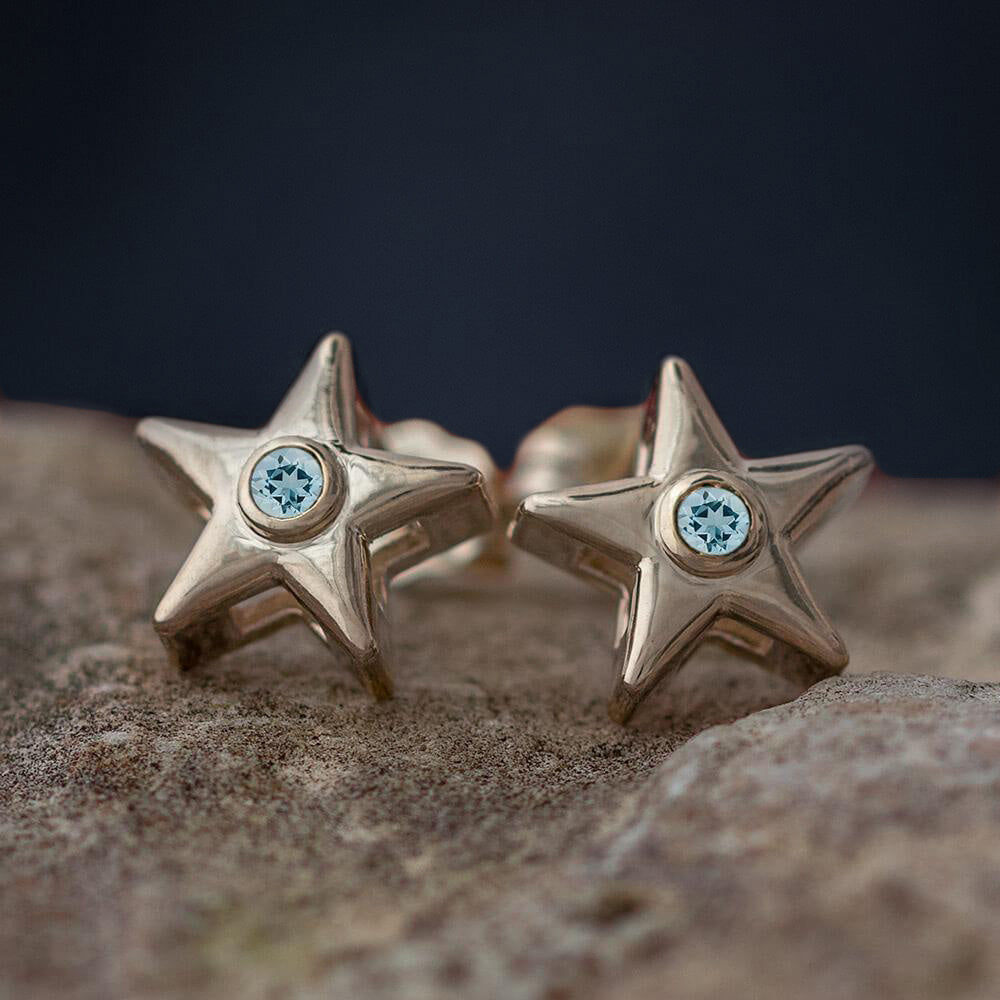 March Birthstone Gold Star Earrings with Aquamarine-4650AQ - Jewelry by Johan