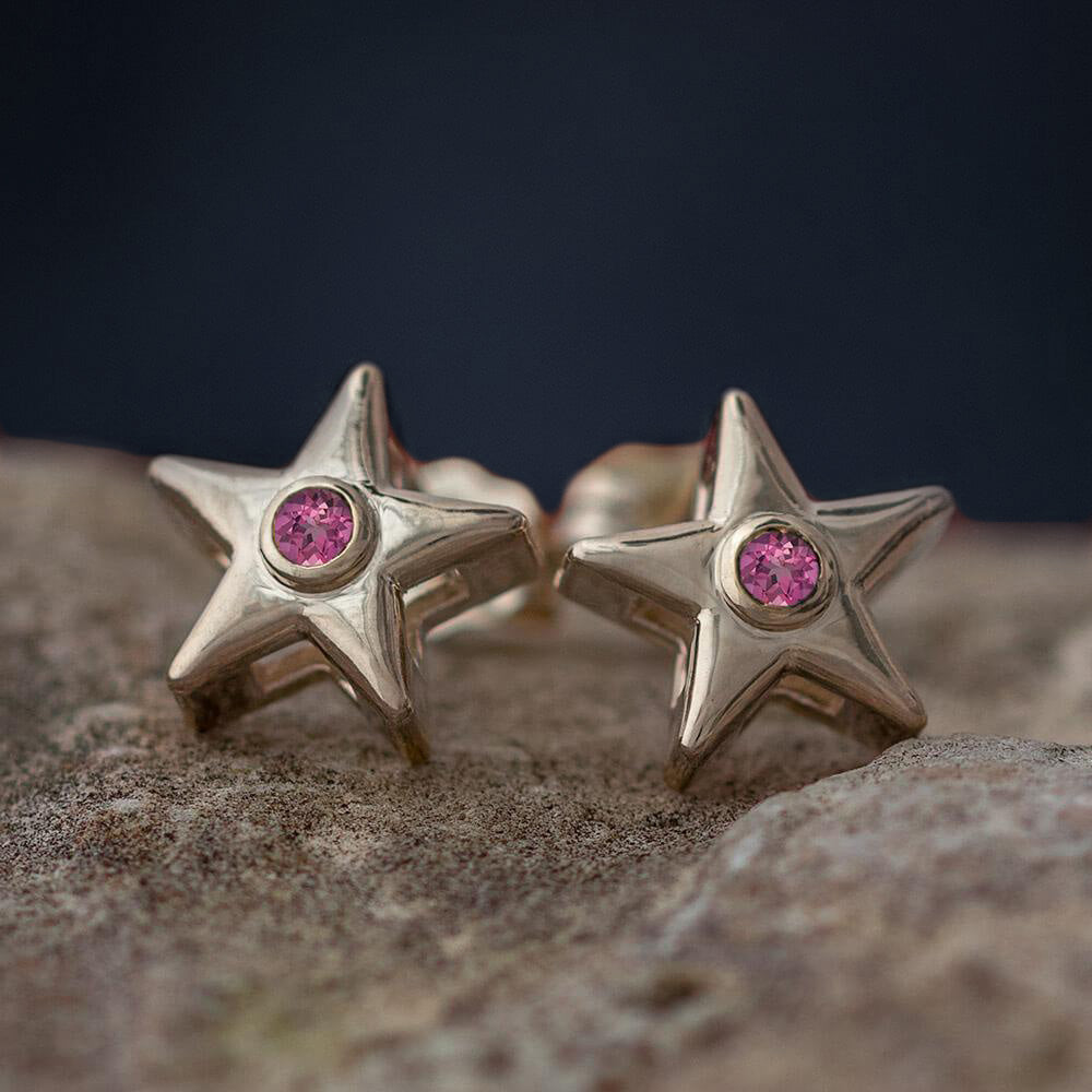 October Birthstone Gold Star Earrings with Pink Tourmaline-4650TO - Jewelry by Johan