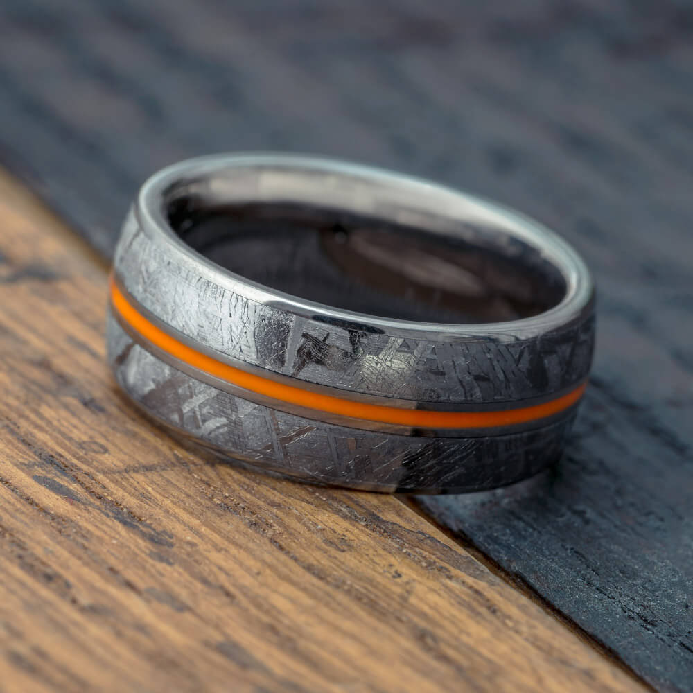 Orange Pinstripe Wedding Band with Meteorite