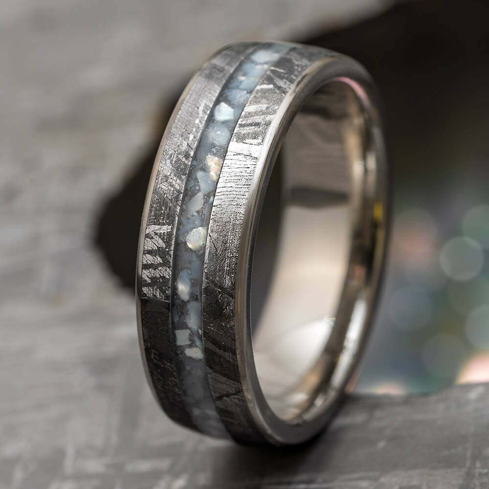 Meteorite Ring with Pearl Inlay