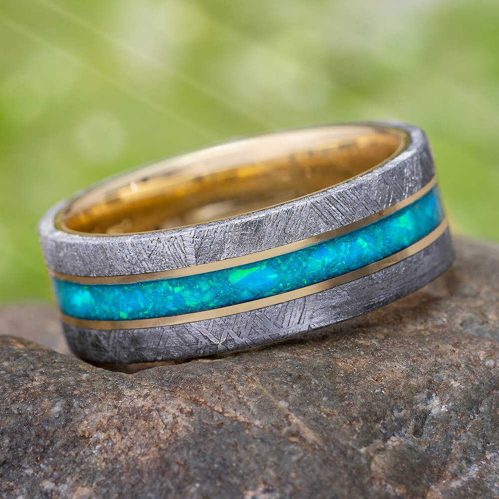 Meteorite and Opal Wedding Band in Gold