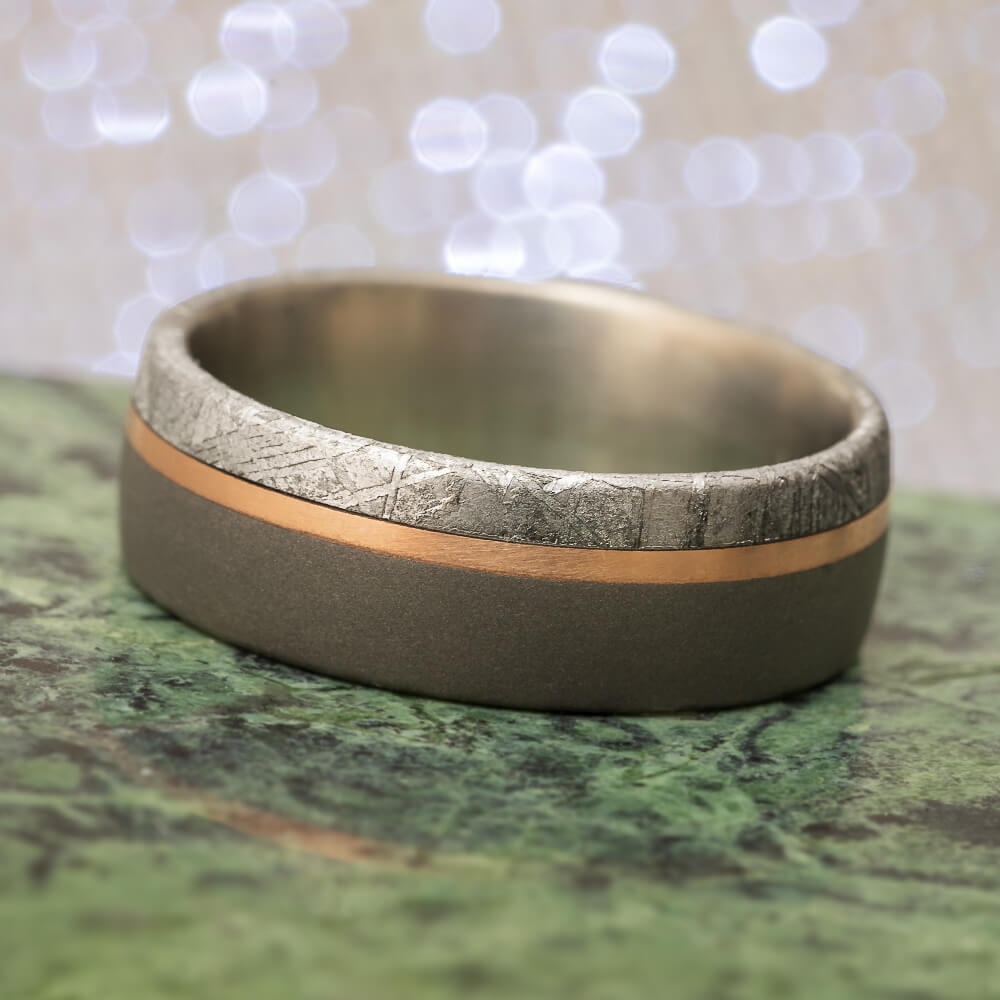 Meteorite Ring with Rose Gold Pinstripe