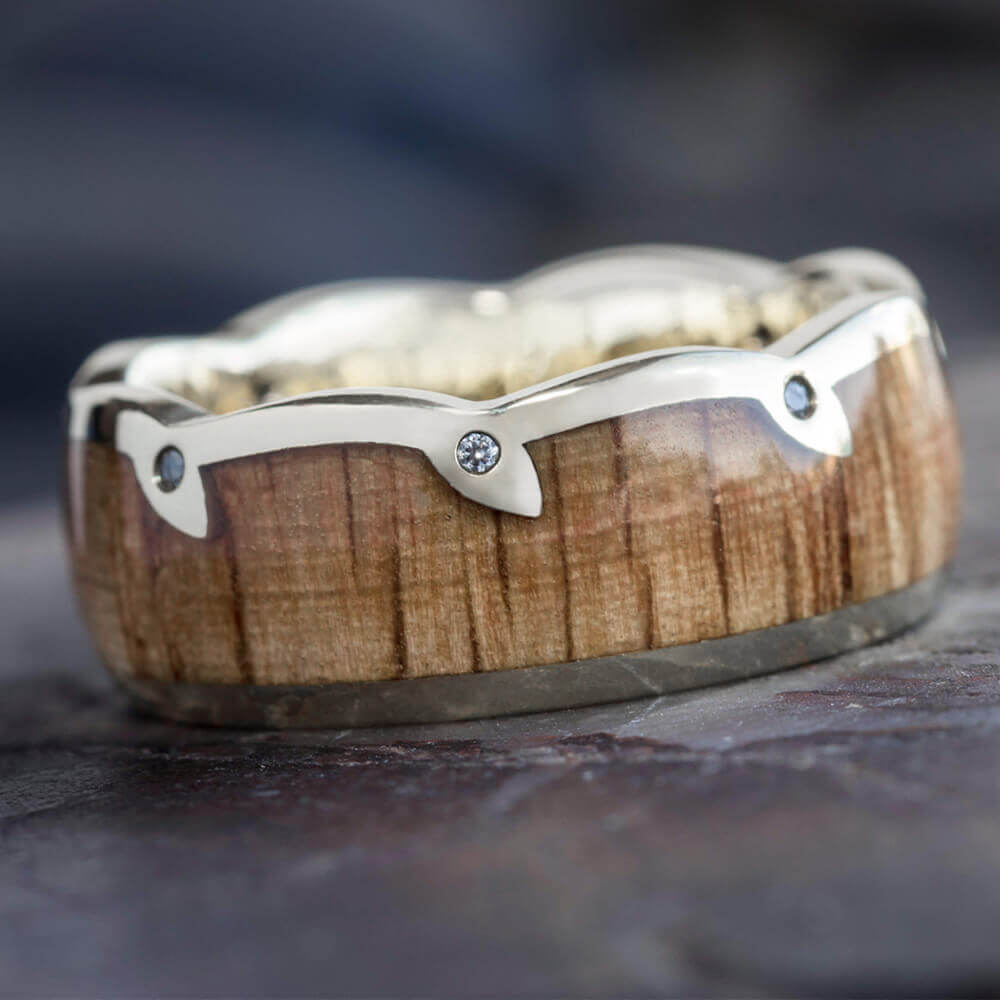 Oak Wood Wedding Band in White Gold