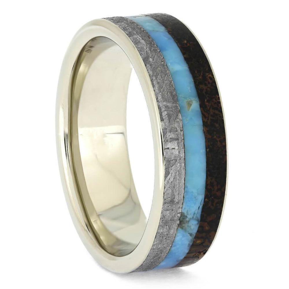 Turquoise and Meteorite Fossil Ring in White Gold