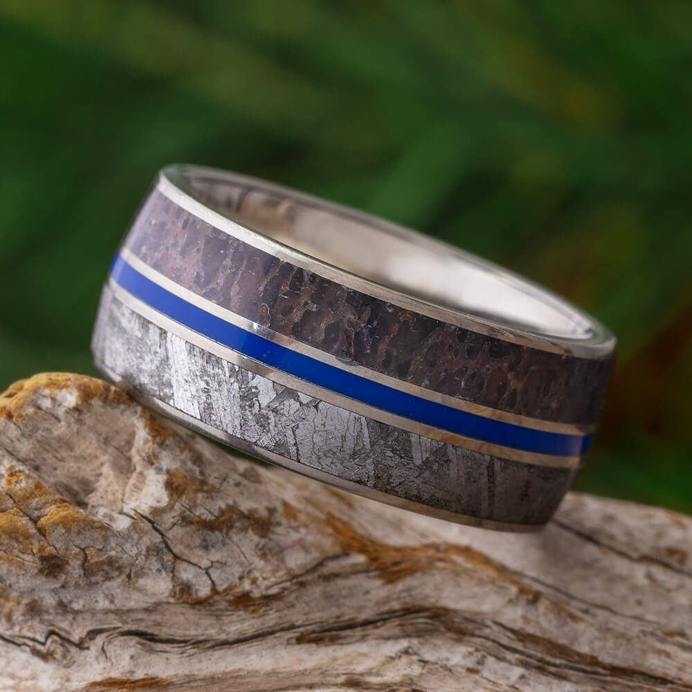 Meteorite & Dinosaur Fossil Men's Wedding Band With Blue Stripe-SIG3010 - Jewelry by Johan