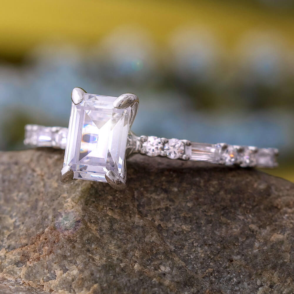 Emerald Cut Moissanite Engagement Ring with Diamond Accents - Jewelry by Johan