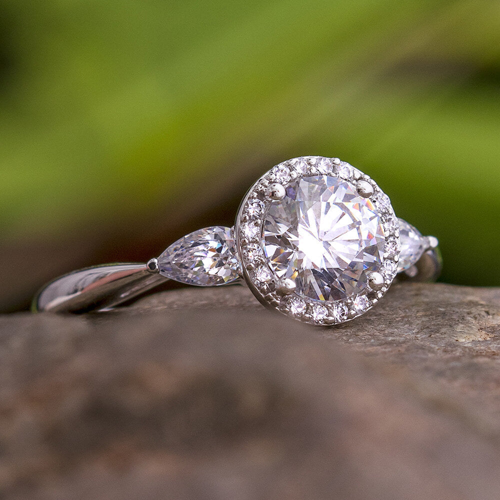 Moissanite Halo Engagement Ring With Diamond Accents - Jewelry by Johan
