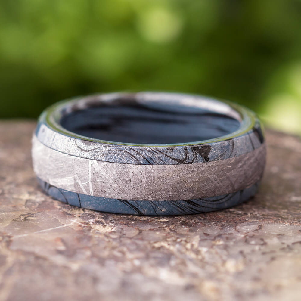 Mens Mokume Ring With Meteorite Band, Cobaltium Mokume-1596 - Jewelry by Johan