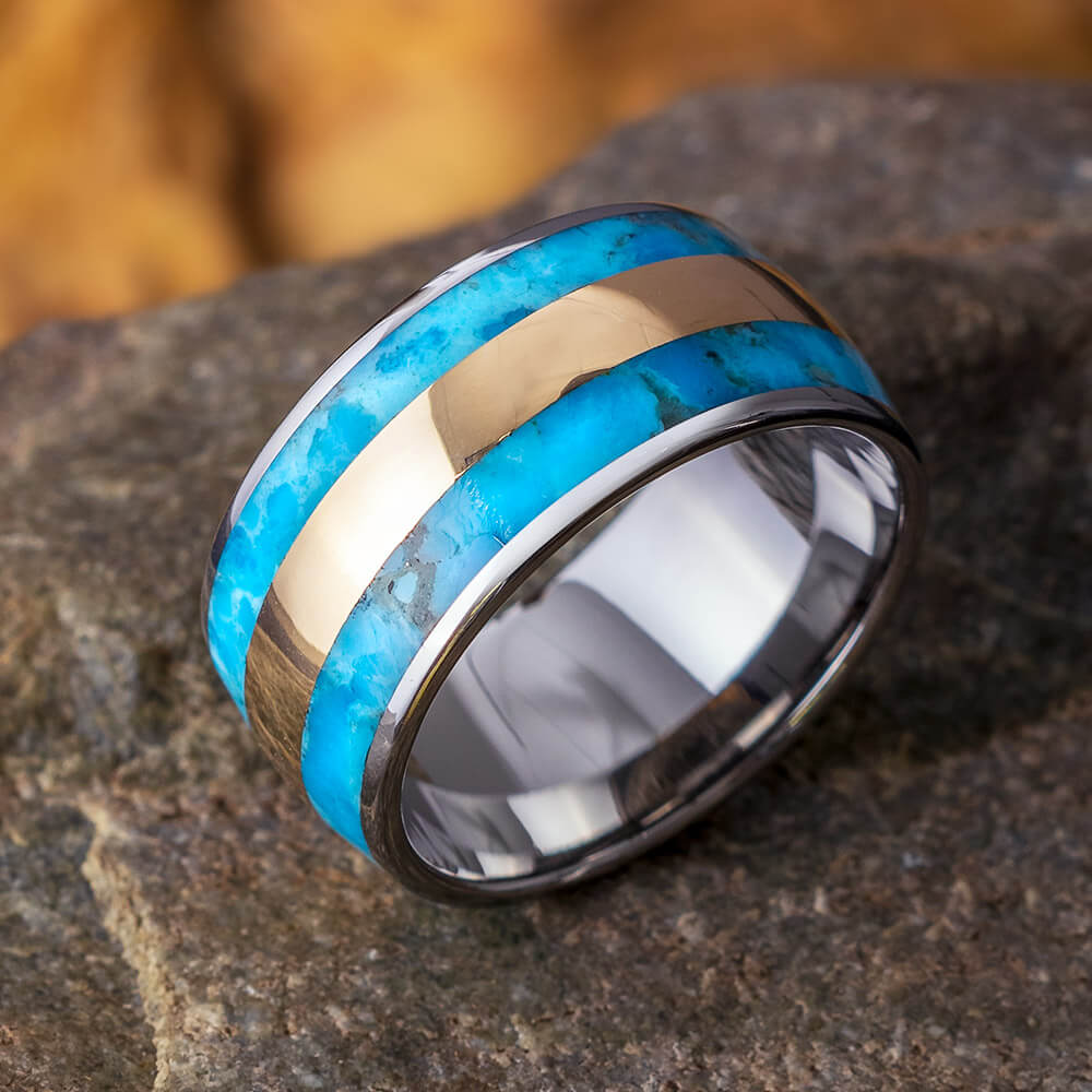 Titanium Wedding Band With Turquoise And Yellow Gold Inlay-1719 - Jewelry by Johan