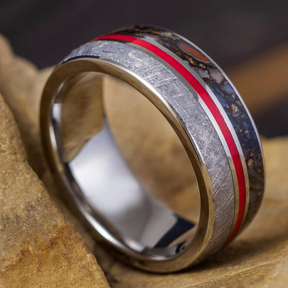 Dinosaur Meteorite Ring with Red Enamel Pinstripe-2570RD - Jewelry by Johan