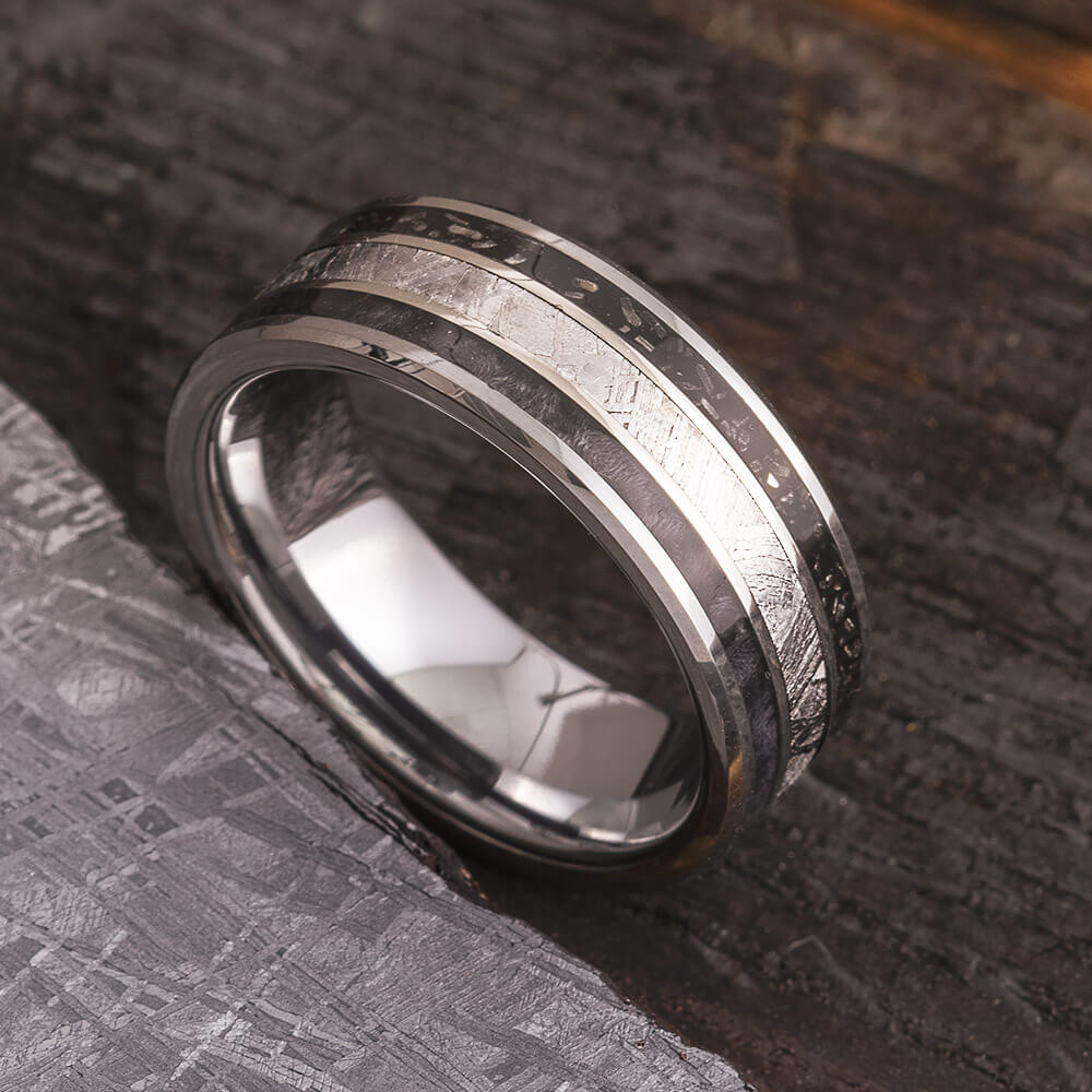 Tungsten Wedding Band with Black Stardust™, Meteorite and Wood-1809 - Jewelry by Johan