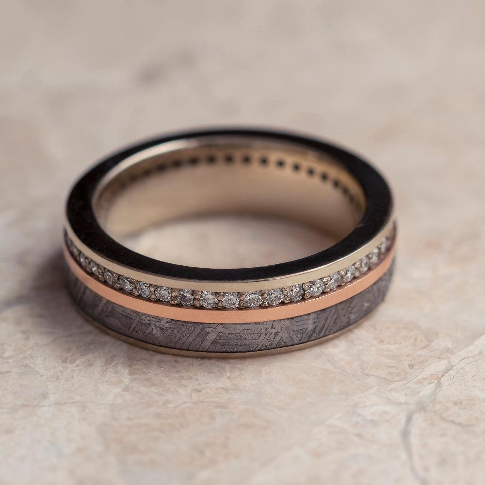 Diamond Eternity Band With Rose Gold Pinstripe & Meteorite-2069 - Jewelry by Johan