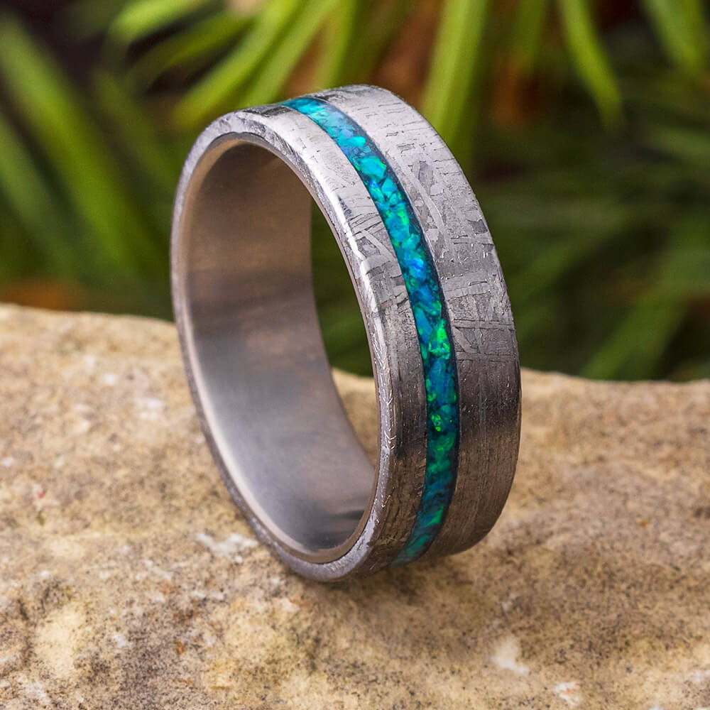 Gibeon Meteorite Wedding Band With Crushed Opal Strip, Titanium Ring-2488 - Jewelry by Johan