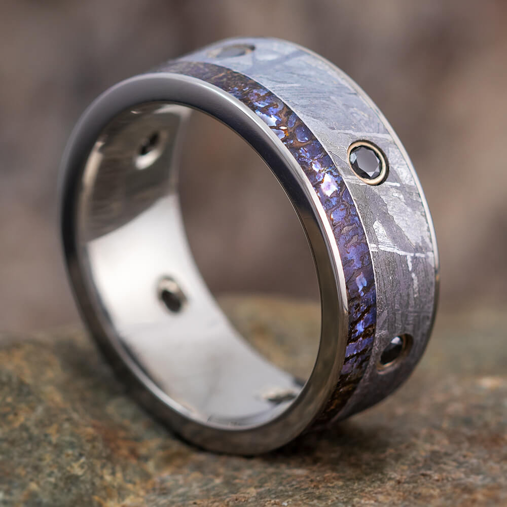 Black Diamond Men's Wedding Band, Meteorite Ring With Dinosaur Bone-2600 - Jewelry by Johan