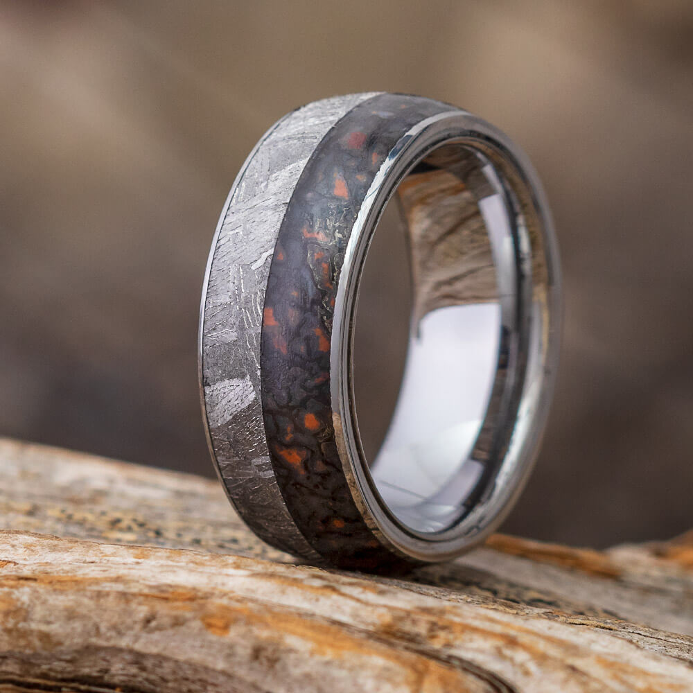 Tungsten Fossil Ring, Gibeon Meteorite Wedding Band With Dinosaur Bone-2605 - Jewelry by Johan