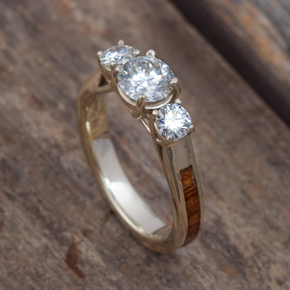 Three Stone Ring With Koa Wood, White Gold Engagement Ring With Moissanites-2656 - Jewelry by Johan