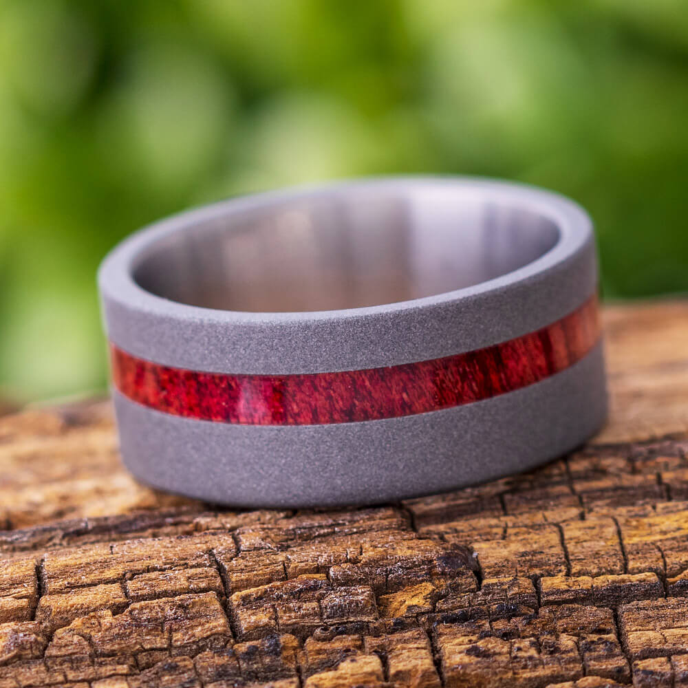 Sandblasted Titanium Wedding Band With A Thin Bloodwood Pinstripe-2688 - Jewelry by Johan