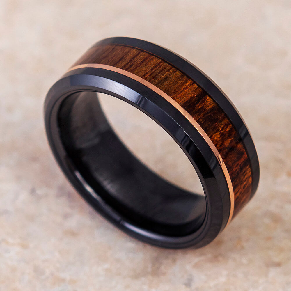 Caribbean Rosewood Wedding Band With Rose Gold Accent In Black Ceramic-2694 - Jewelry by Johan