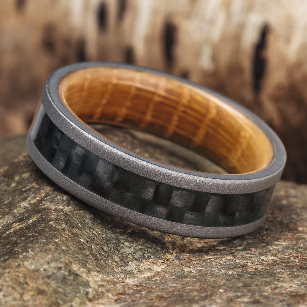 Carbon Fiber Wedding Band, Whiskey Oak Sleeve Ring With Sandblasted Titanium-2707 - Jewelry by Johan