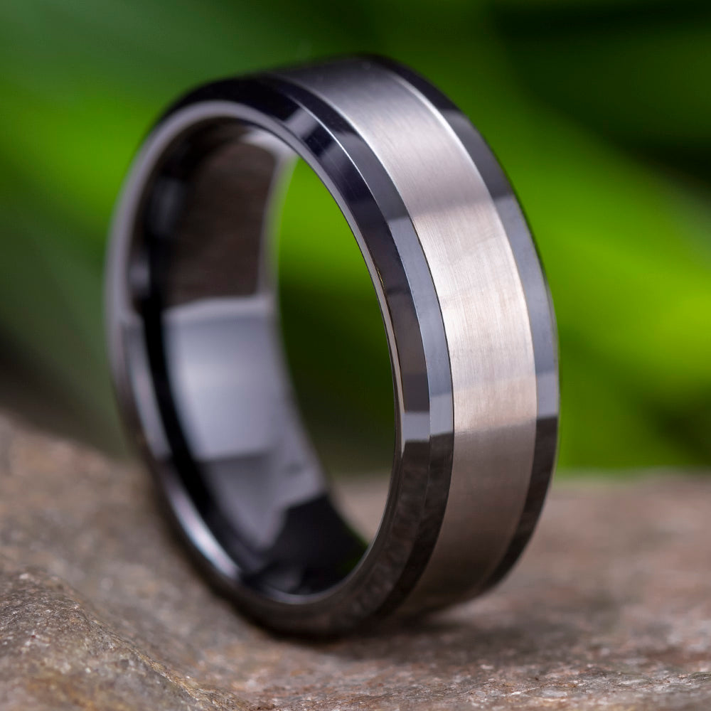 Black Ceramic Wedding Band With Titanium Inlay-2972 - Jewelry by Johan