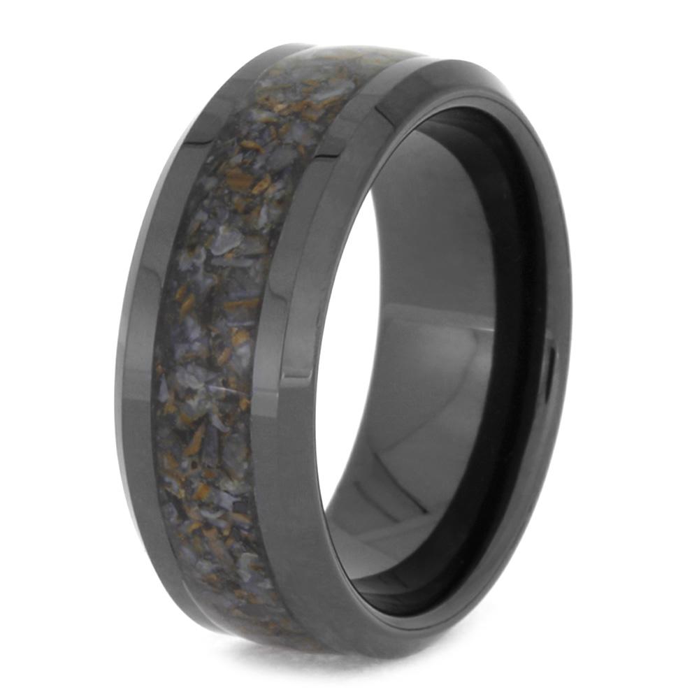 Black Ceramic Wedding Band With Crushed Dinosaur Bone-3331 - Jewelry by Johan