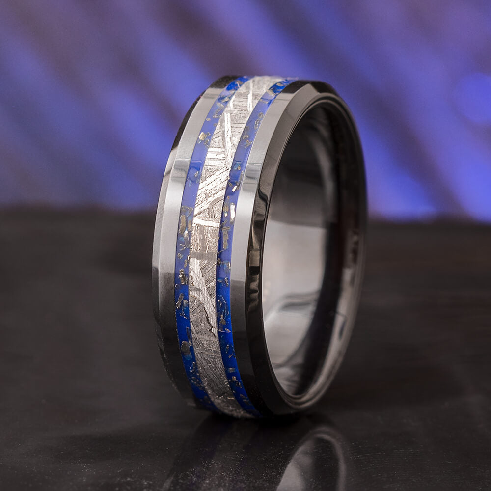 Black Wedding Band with Meteorite and Blue Stardust™-3159 - Jewelry by Johan