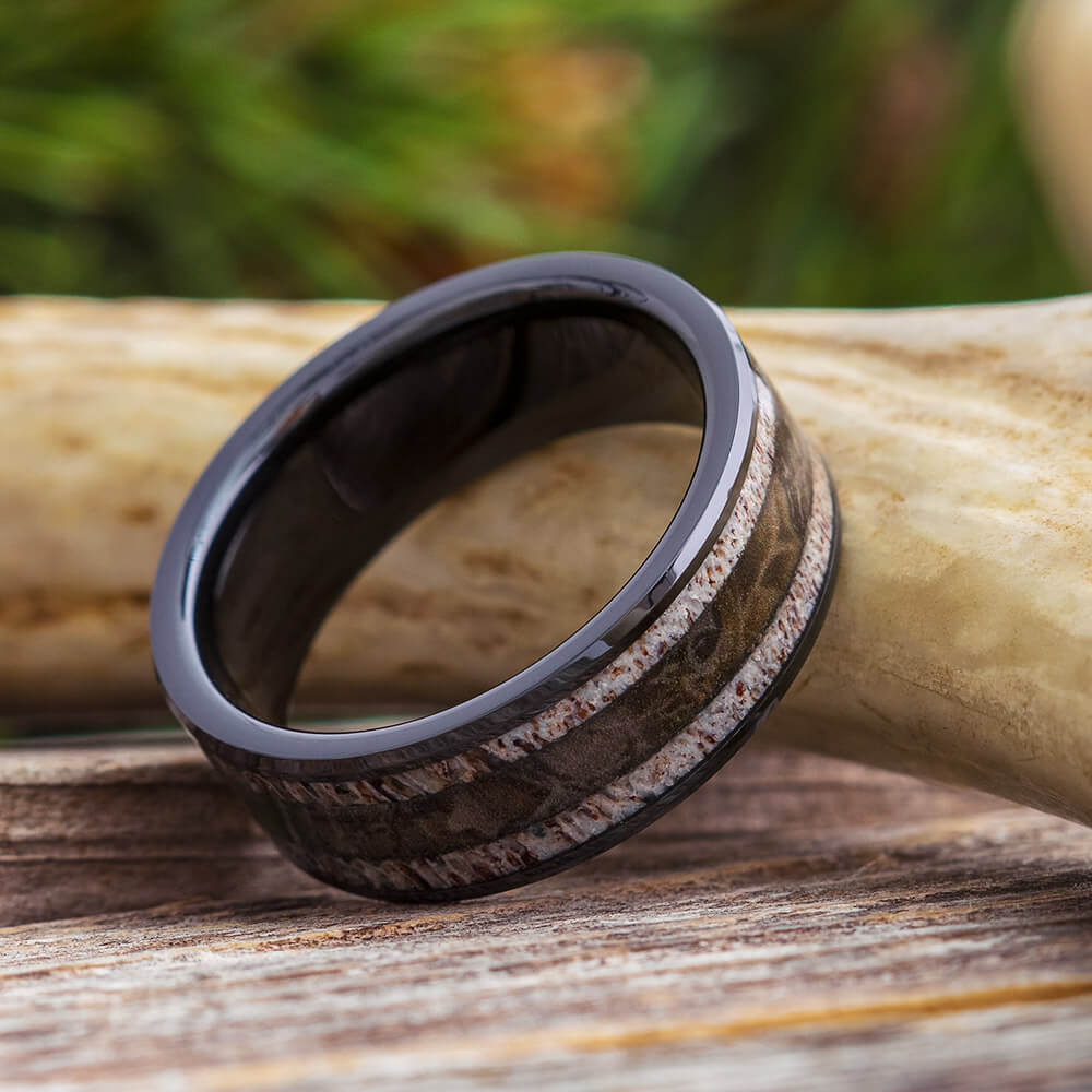 Camo Ring with Natural Deer Antler in Black Ceramic-3271 - Jewelry by Johan