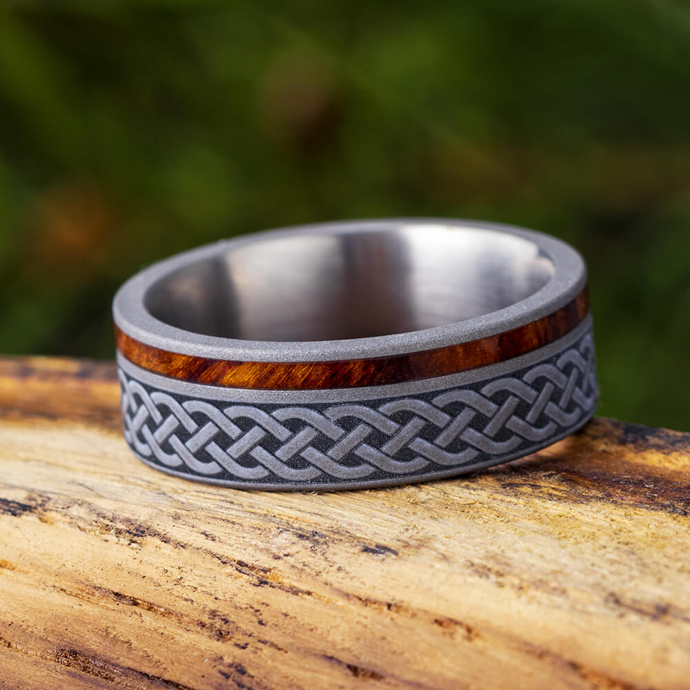 Celtic Knot Ring, Mens Wood Wedding Band With Engraving, Titanium Ring-3348 - Jewelry by Johan