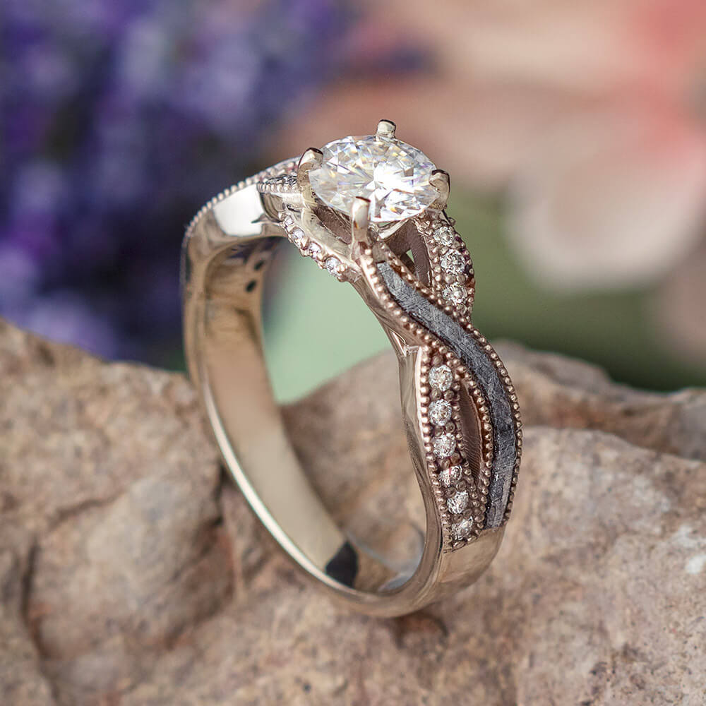 Moissanite Engagement Ring With A Twist Meteorite And Diamond Shank-3378WG - Jewelry by Johan