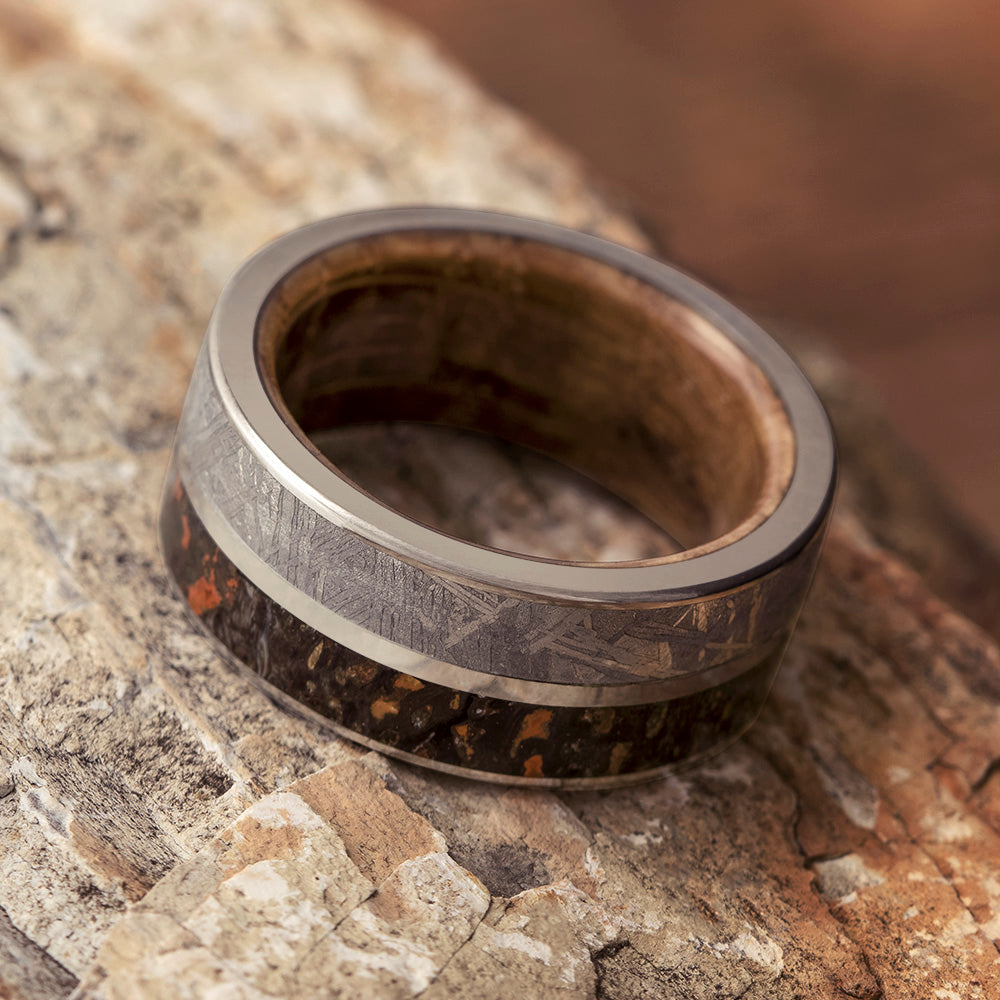 Meteorite Ring, Dinosaur Bone Wedding Band With Whiskey Barrel Sleeve-3426 - Jewelry by Johan