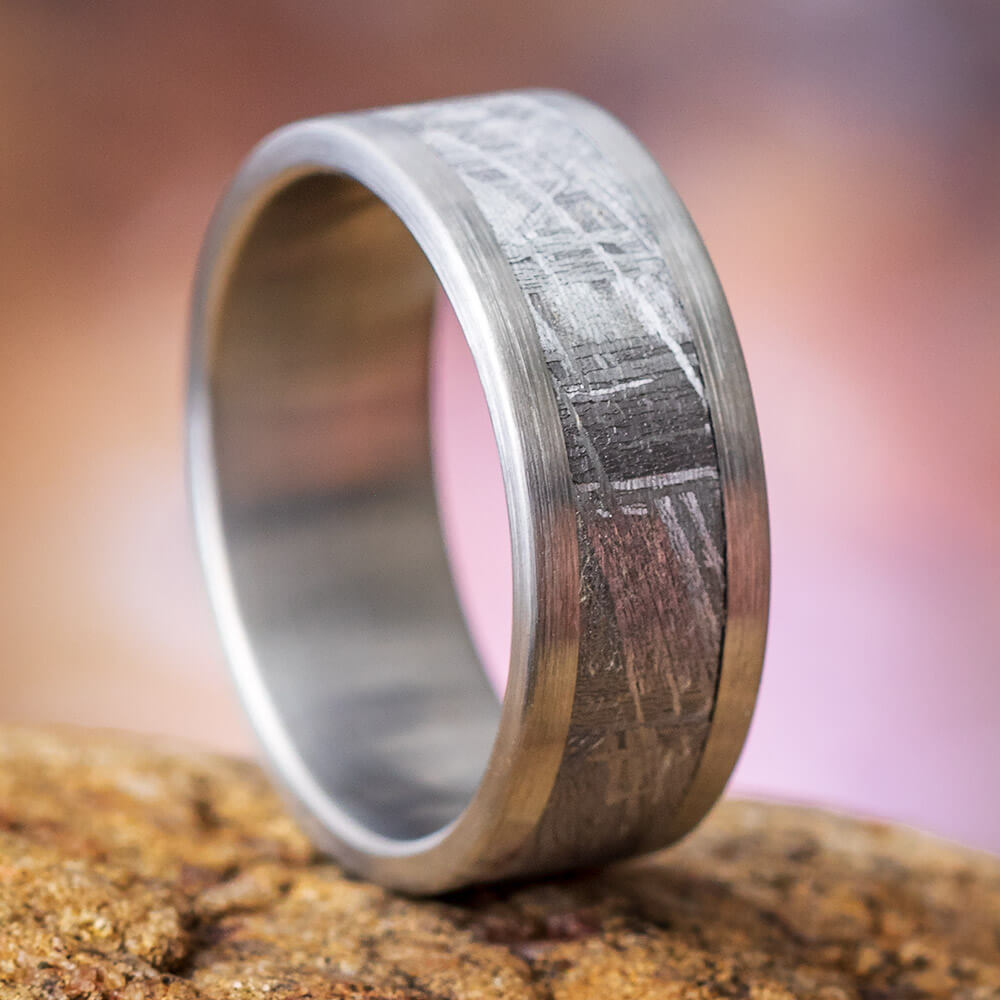 Brushed Titanium Men's Wedding Band With Gibeon Meteorite-3631 - Jewelry by Johan