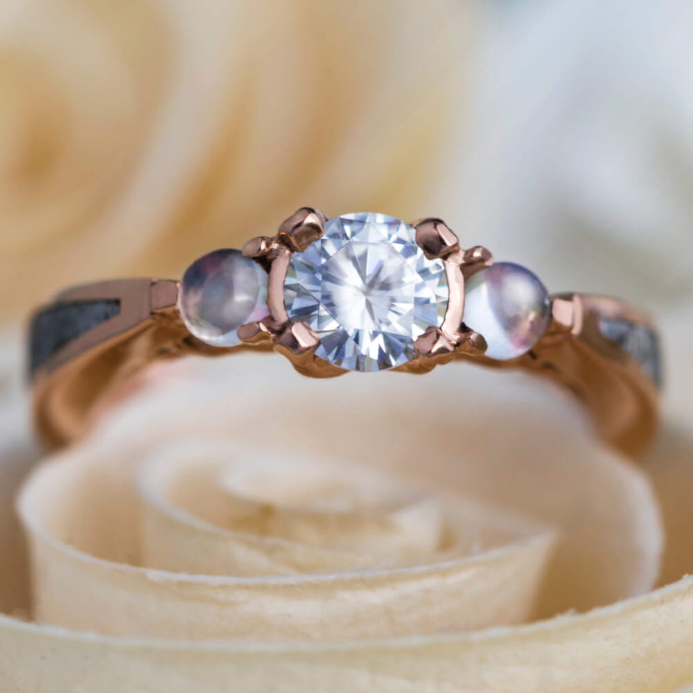 Rose Gold Engagement Ring With Meteorite, Moissanite, And Moonstones-3721 - Jewelry by Johan