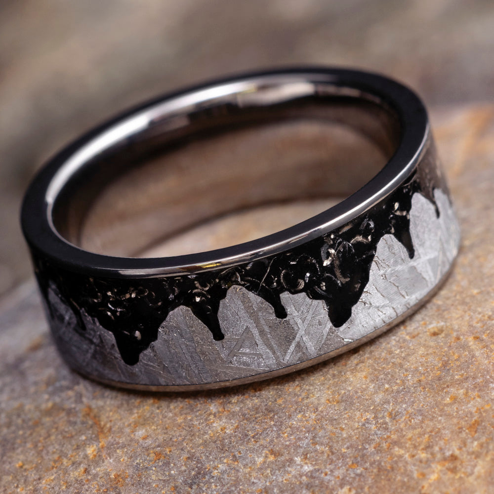 Meteorite Moonscape Ring With Black Stardust™, Unique Men's Wedding Band-3750 - Jewelry by Johan