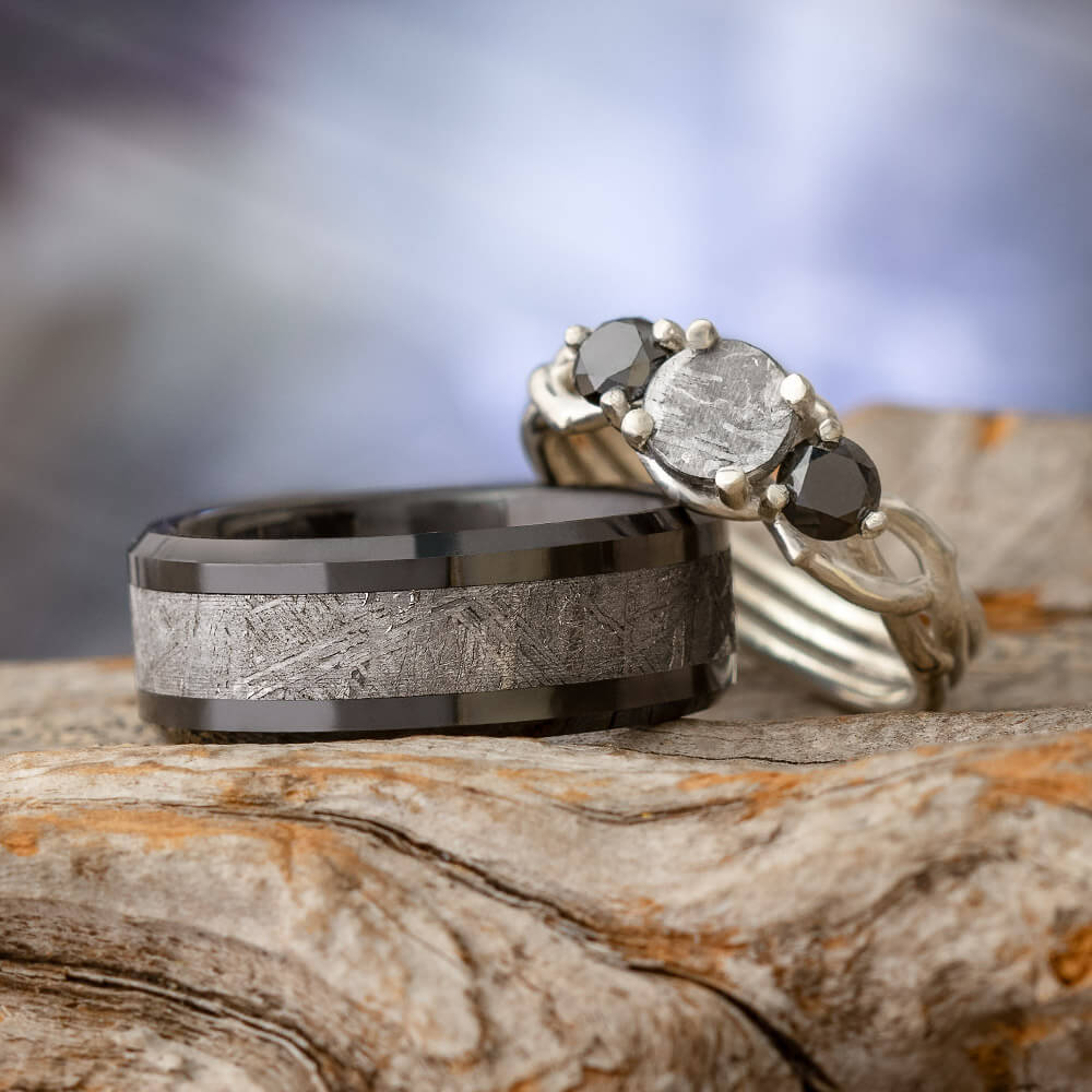 His and Hers Meteorite Wedding Ring Set With Black Accents