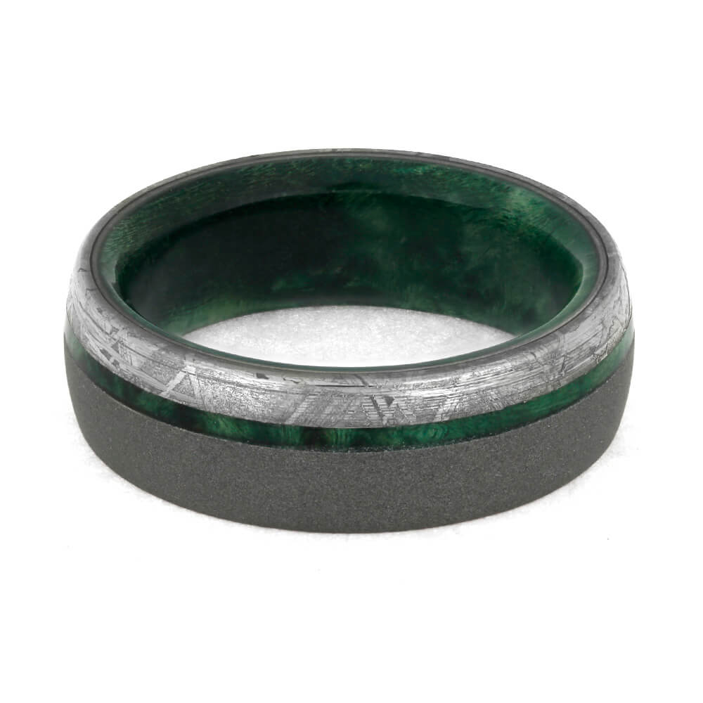 Sandblasted Men's Wedding Band With Green Box Elder Wood And Meteorite-3858 - Jewelry by Johan