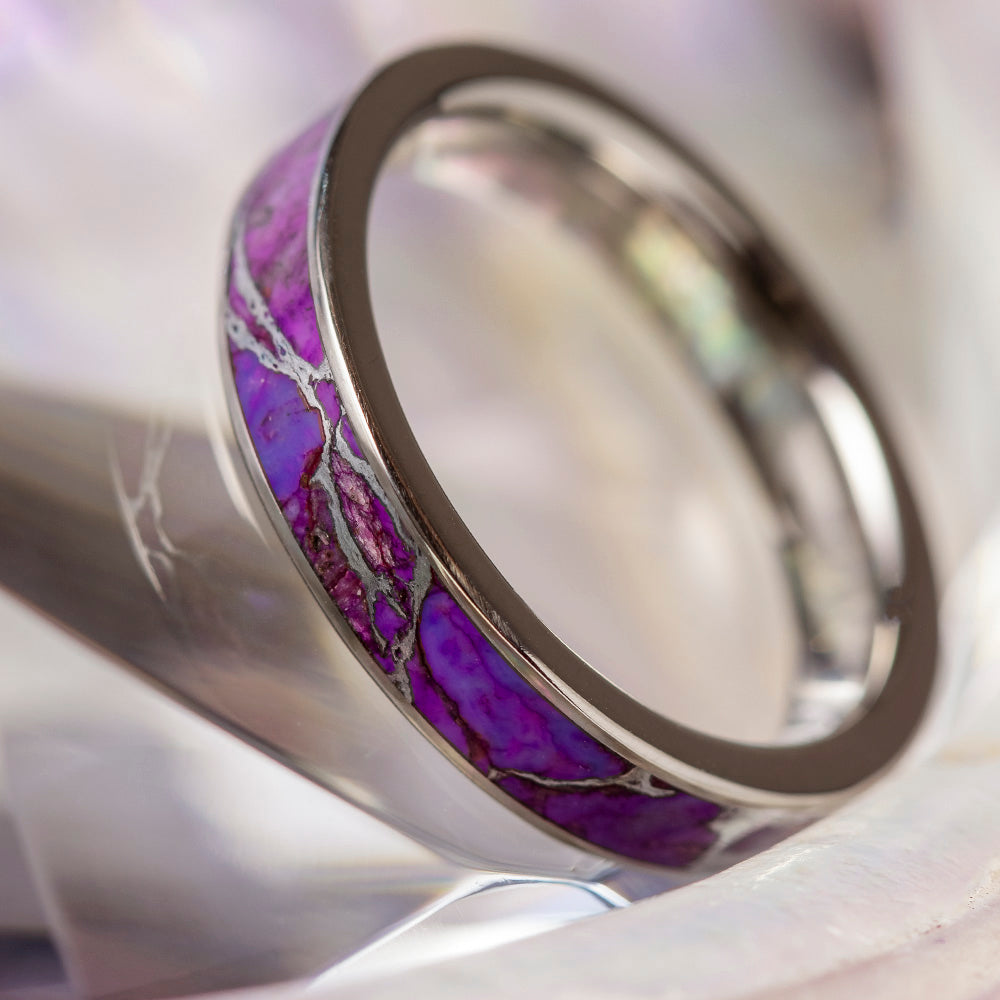 Lightning Turquoise Ring, Titanium Wedding Band With Violet Turquoise-3893 - Jewelry by Johan