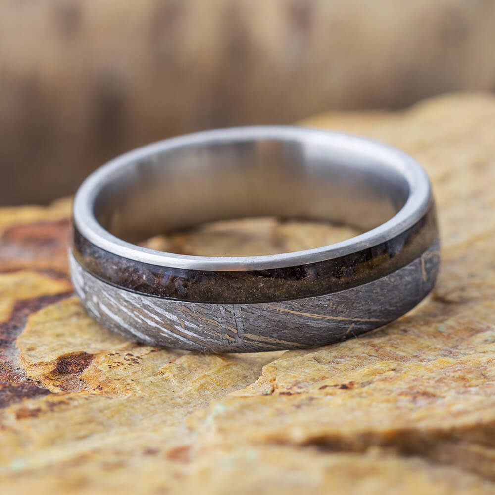 Meteorite Wedding Band With Crushed Dinosaur Bone, Titanium Ring-3902 - Jewelry by Johan