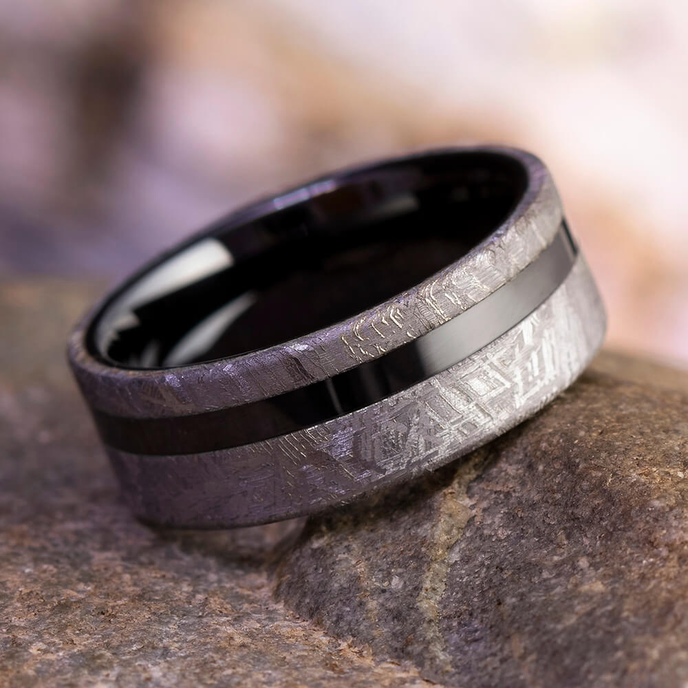 Black Ceramic Men's Wedding Band With Gibeon Meteorite Edges-3934 - Jewelry by Johan