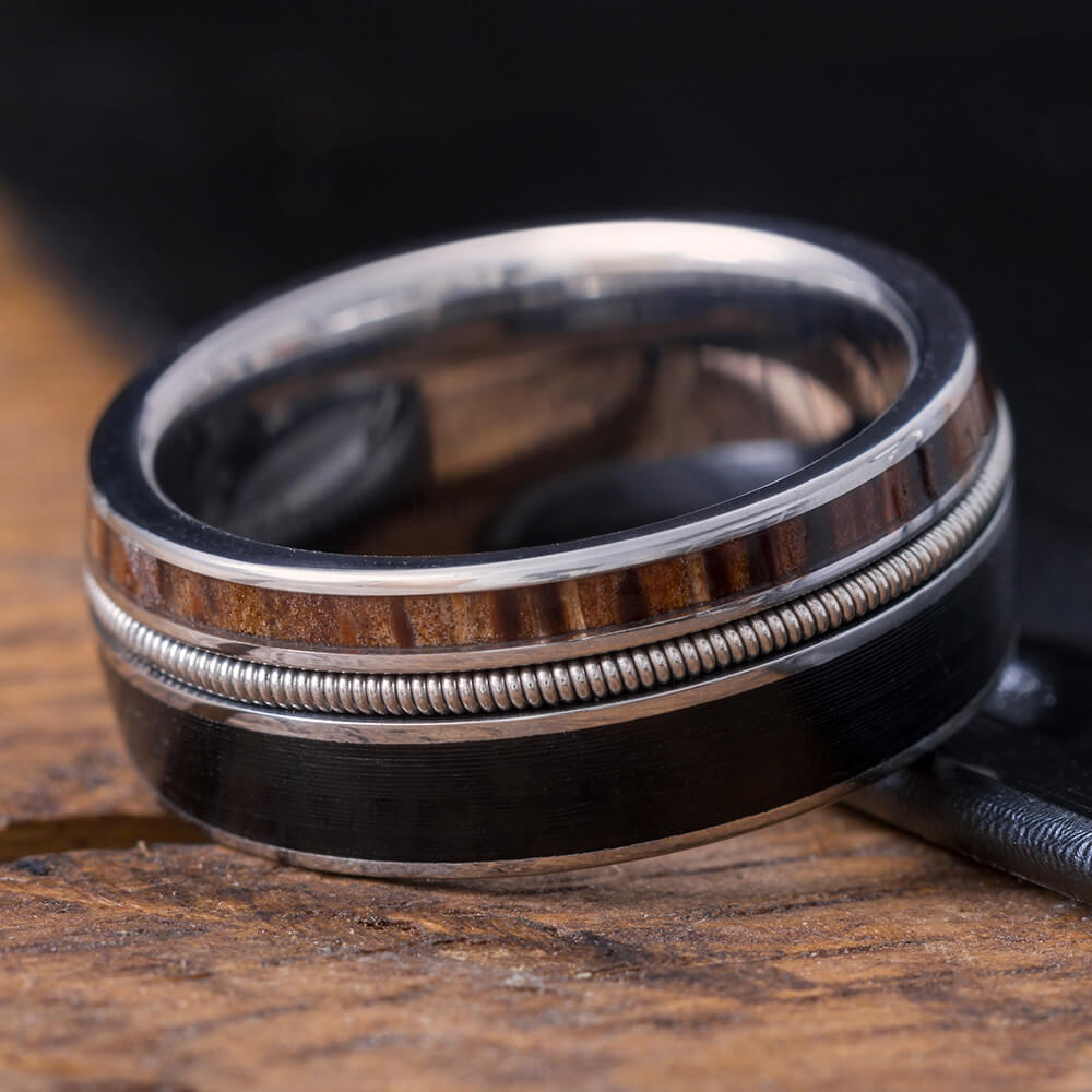 Guitar String Ring made with Vinyl LP Record, Red Palm Wood Wedding Band-3961 - Jewelry by Johan