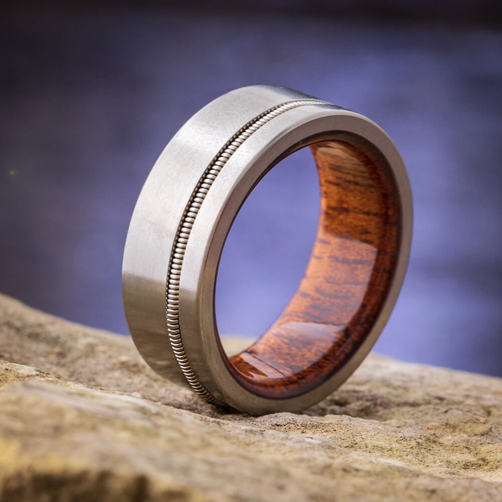 Guitar String Titanium Ring with Mahogany Wood Sleeve-3992 - Jewelry by Johan