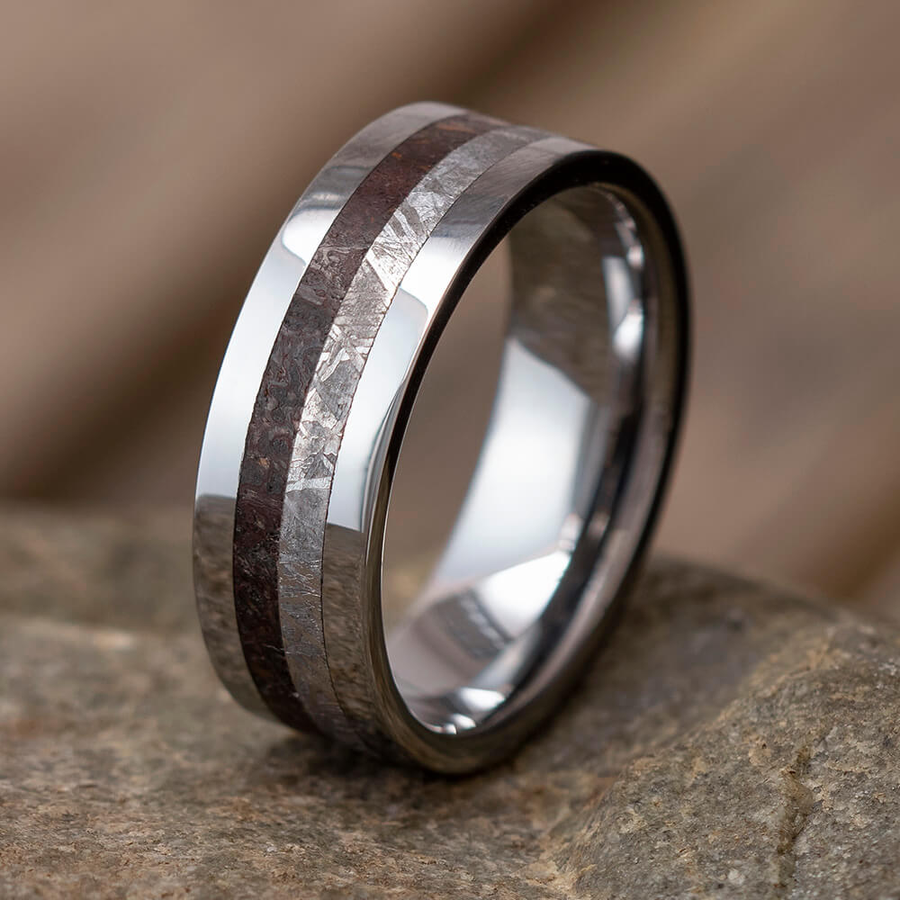 Men's Meteorite Ring With Dinosaur Bone, Tungsten Wedding Band With Flat Profile-4013 - Jewelry by Johan