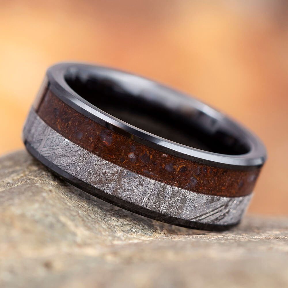 Black Ceramic Wedding Band with Meteorite and Dinosaur Bone-4077 - Jewelry by Johan