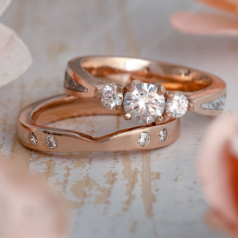 Meteorite Bridal Set, Three Stone Engagement Ring With Rose Gold Shadow Band