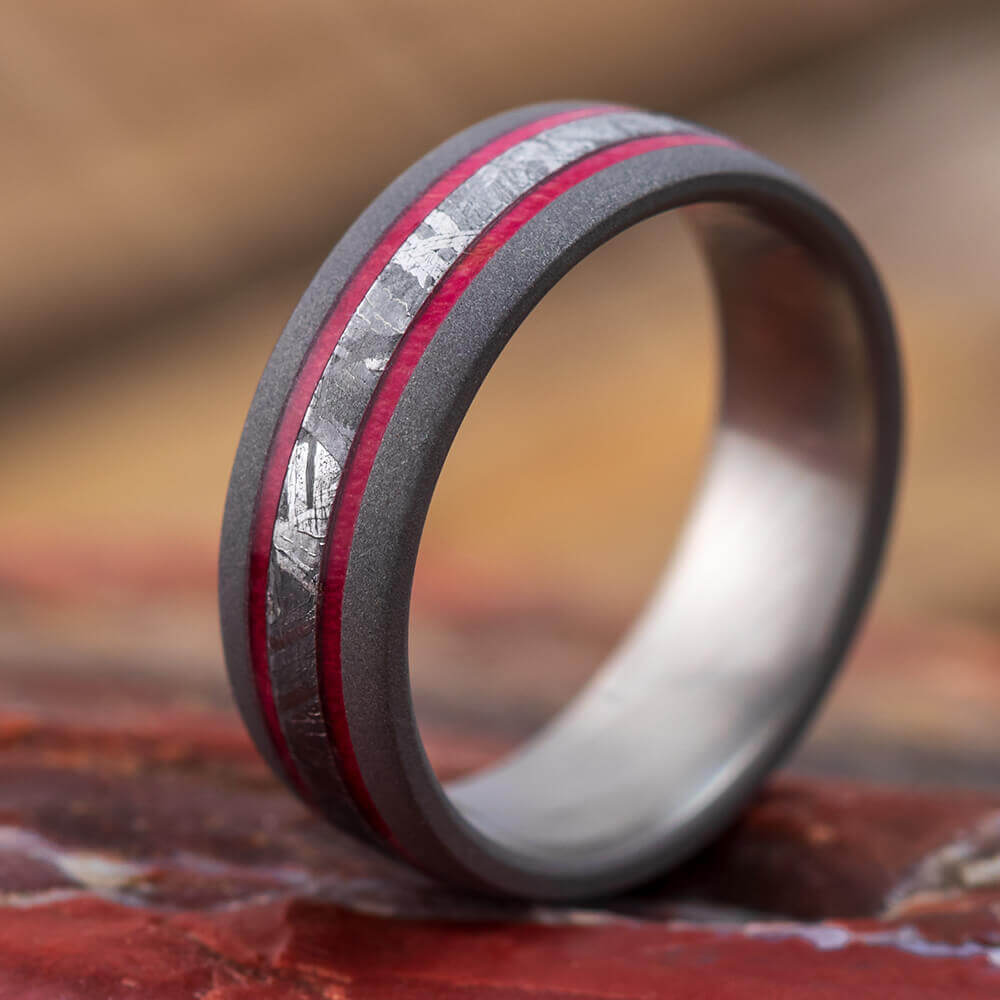 Men's Wedding Band with Meteorite and Red Box Elder Burl Wood-4152 - Jewelry by Johan