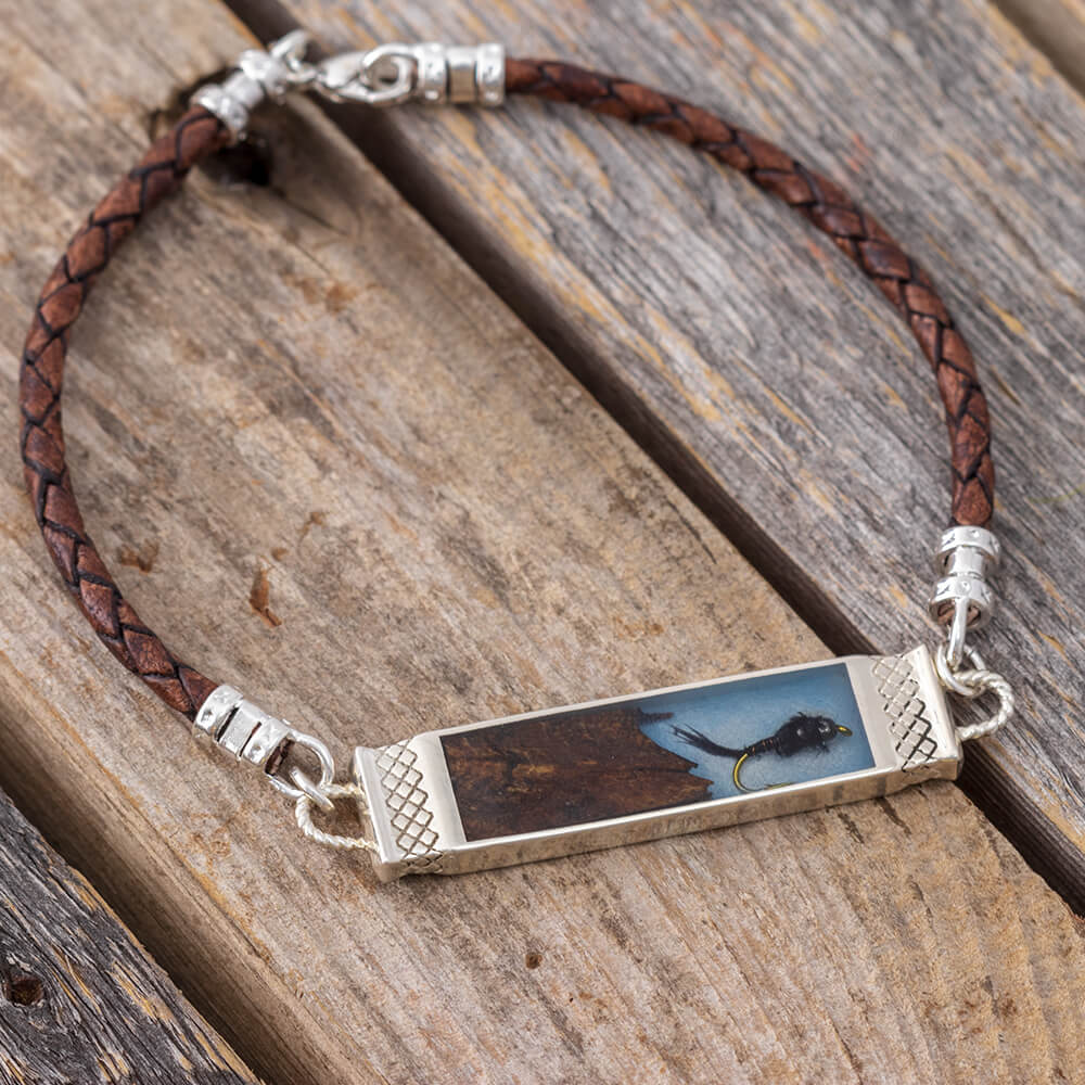 In Stock Fly Fishing Bracelet With Brown Leather Cord, 8.5"-RS11004 - Jewelry by Johan