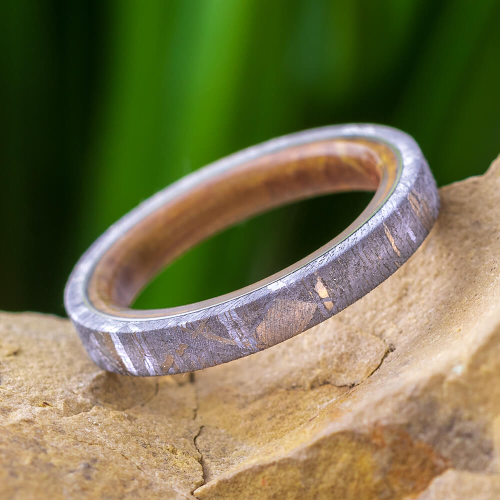 Thin Meteorite Women's Wedding Band With Whiskey Barrel Wood Sleeve-4304 - Jewelry by Johan