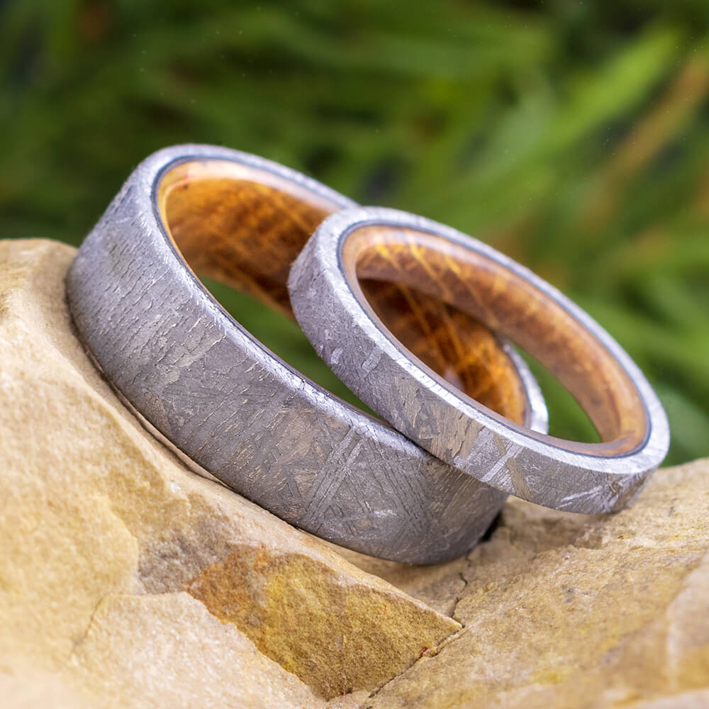 Authentic Meteorite and Whiskey Barrel Oak Wood Wedding Ring Set