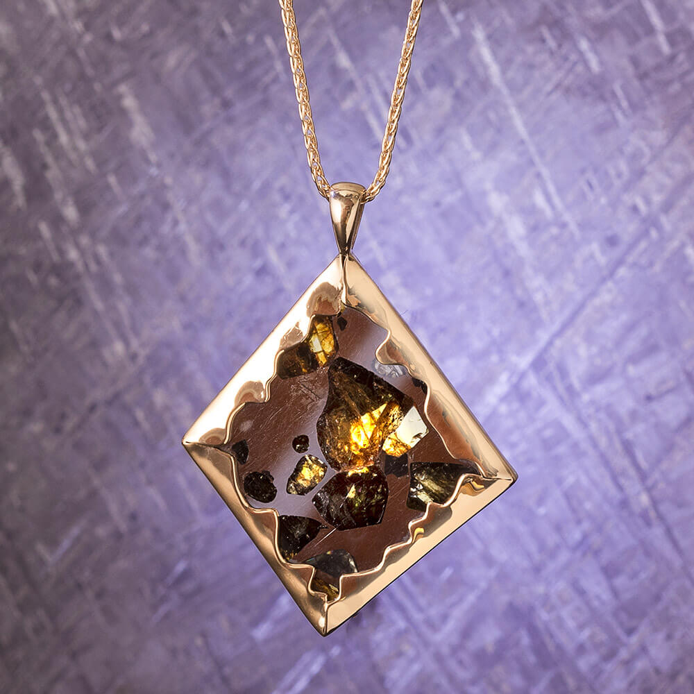 Esquel Meteorite Pendant in Wavy Yellow Gold Frame-RS10228 - Jewelry by Johan