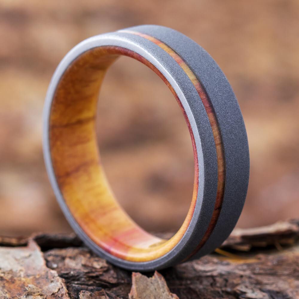 Sandblasted Titanium Ring With Tulipwood Sleeve-1907 - Jewelry by Johan